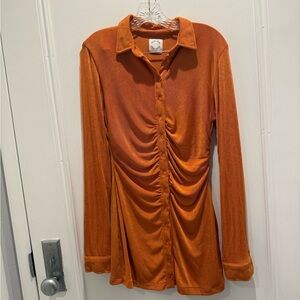 With Jean Orange Button-Up Ruched Velvet Top
